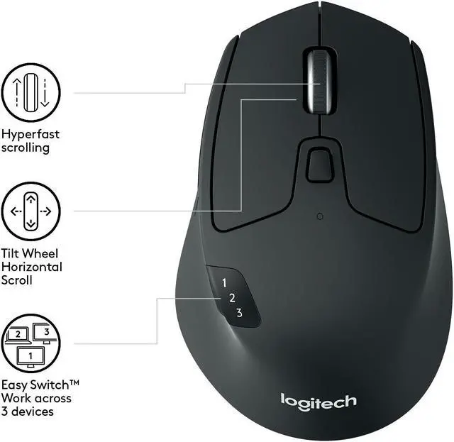 Alt view image 13 of 14 - Logitech M720 Triathlon - Mouse - right-handed - optical - 7 buttons - wireless - Bluetooth, 2.4 GHz - USB wireless rece