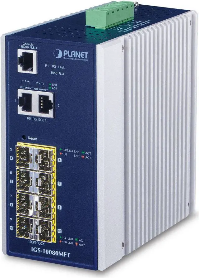 Alt view image 2 of 2 - Planet IGS-10080MFT Industrial 8 100/1000X SFP + 2-Port 10/100/1000T Managed Switch (-40 ~ 75 degrees C)