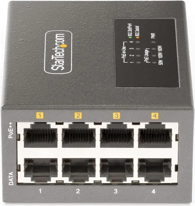 Alt view image 3 of 7 - StarTech.com 4-Port Multi-Gigabit PoE++ Injector, 5/2.5/1G Ethernet (NBASE-T), PoE/PoE+/PoE++ (802.3af/802.3at/802.3bt), 160W Power Budget