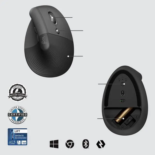 Alt view image 6 of 6 - Logitech Lift for Business - Vertical mouse - ergonomic - 6 buttons - wireless - Bluetooth, 2.4 GHz - Logitech Logi Bolt