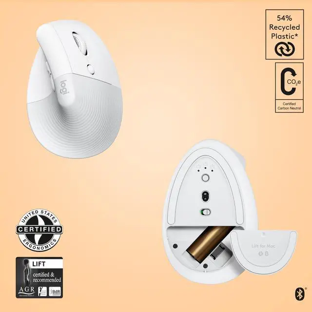 Alt view image 6 of 7 - Logitech Lift for Mac - Vertical mouse - ergonomic - optical - 6 buttons - wireless - Bluetooth - Logitech Logi Bolt USB