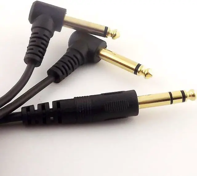 Alt view image 2 of 4 - 1pc Gold 6.35mm Plug Stereo TRS to 2x 1/4" Mono TS Male Right Angle Audio Cable 5ft
