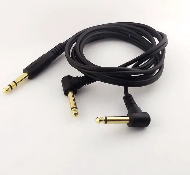 Main image of 1pc Gold 6.35mm Plug Stereo TRS to 2x 1/4" Mono TS Male Right Angle Audio Cable 5ft