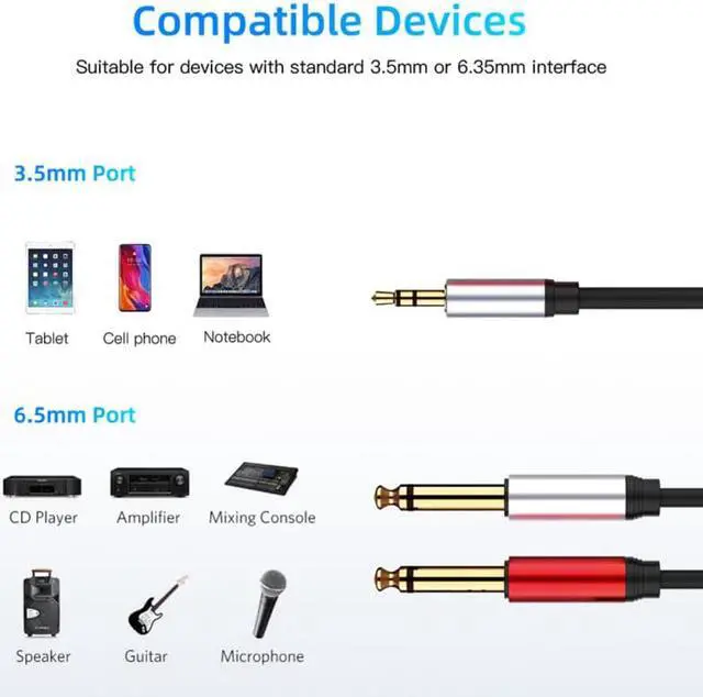 Alt view image 3 of 6 - Newest 3.5mm 1/8 TRS To Dual 6.35mm 1/4 TS Mono Stereo Y Cable Splitter Cord Compatible For IPhone IPod Computer Sound Cards (1pcs)
