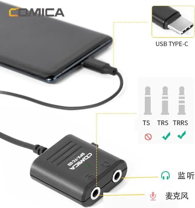 Alt view image 5 of 6 - Comica SPX TC 3.5MM(TRS/TRRS)to Type C/USB C Dual Jack Splitter Microphone Audio Adapter Cable for Huawei Samsung HTC Smartphone (1pcs)