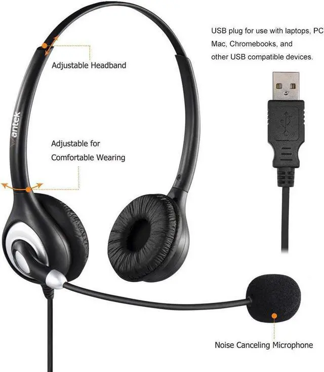 Alt view image 2 of 6 - Wantek Corded USB Headsets Stereo Computer Headset with Microphone Noise Cancelling,Call Center,Crystal Clear Chat Ultra Comfort