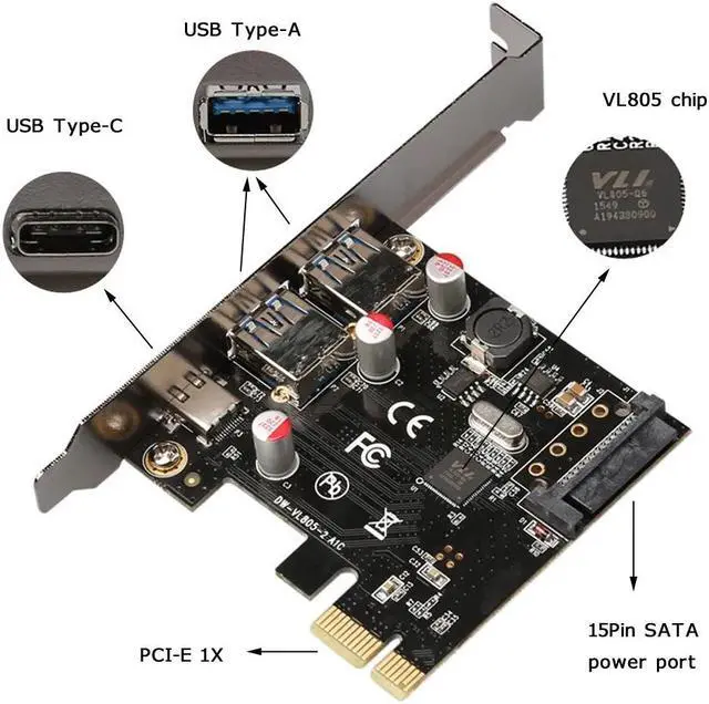 Alt view image 6 of 6 - Amify PCI-E PCI Express to USB 3.1 Type-C + 2 Ports USB 3.0 Type-A Reversible Card High Speed Converter Expansion Adapter for PC