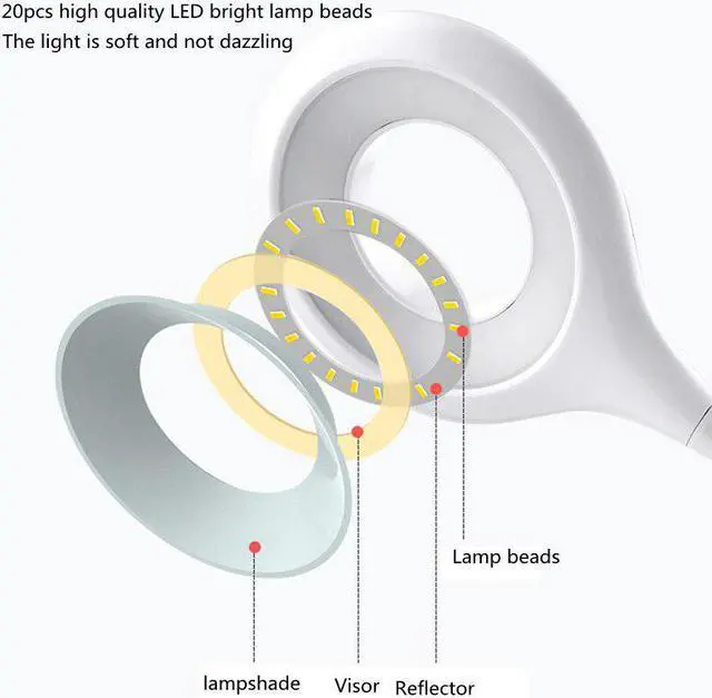 Alt view image 5 of 6 - LED Table Lamp Touch Gooseneck Desktop Ring Light USB Rechargeable 1200mAh Battery Study Reading Bedroom Light