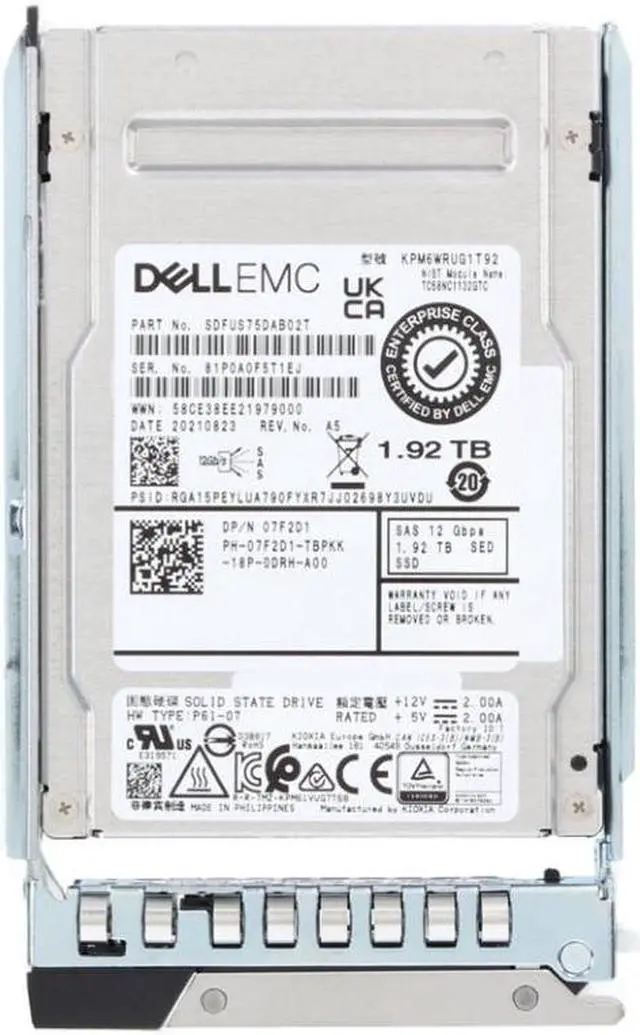 Alt view image 2 of 2 - Dell 7F2D1 SED Read Intensive Solid State Drive With Tray For Poweredge Server - 1.92 TB - 2.5-inch - SAS - 12 Gbps - Hot-plug - TLC