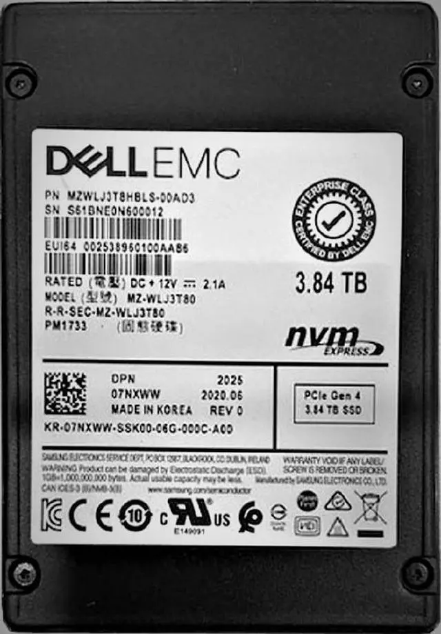Main image of DELL 7NXWW 3.84TB 2.5in PCI Express 4.0(NVMe) Enterprise Solid State Drive