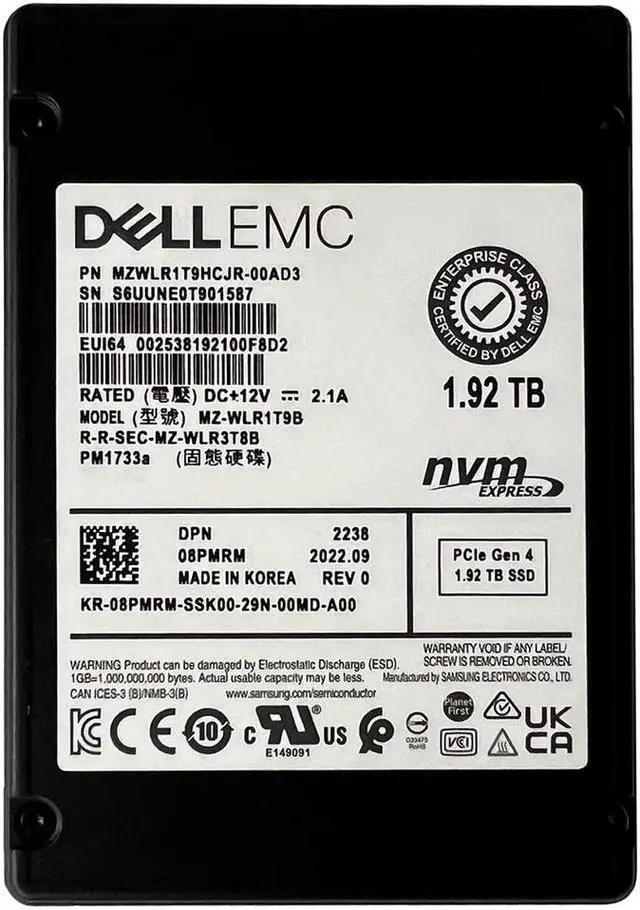 Main image of Dell 8PMRM 1.92TB PCIe Gen4 NVMe Read Intensive TLC 2.5Inch SSD