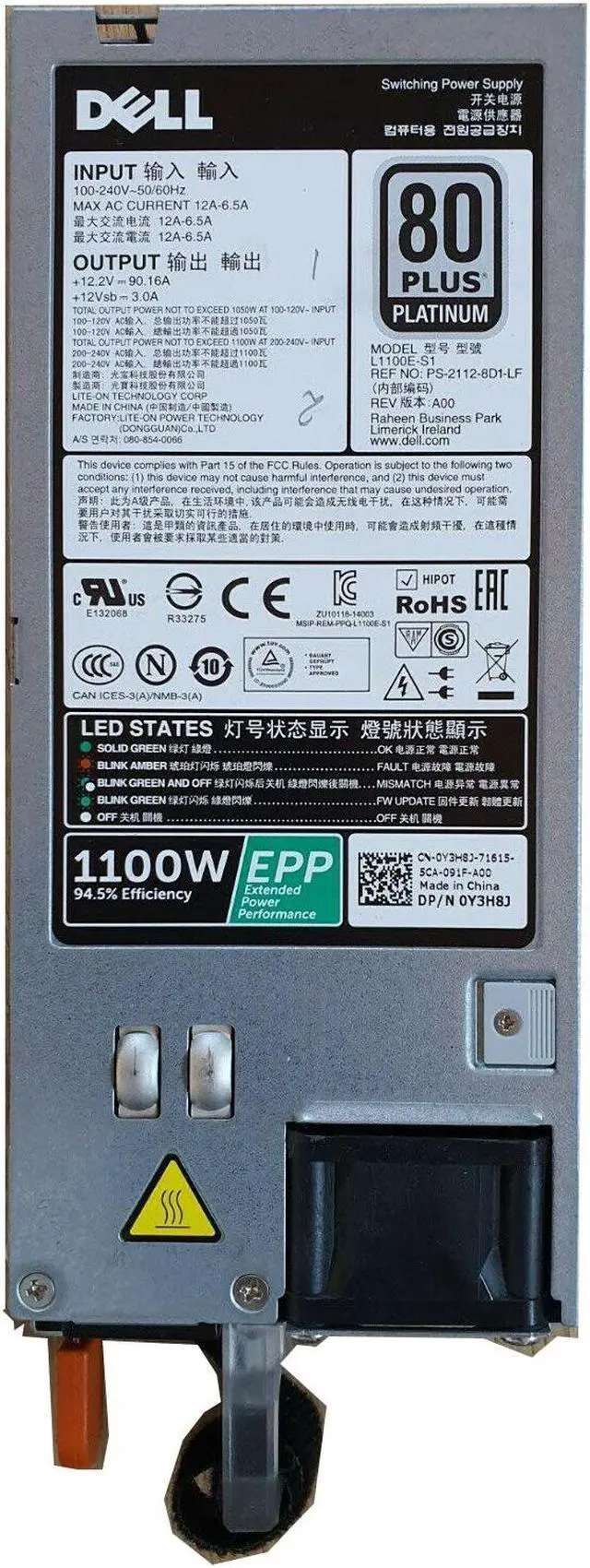 Alt view image 7 of 7 - DELL Y3H8J  1100 Watt Redundant Power Supply For Poweredge C4130 R730 R630 T630 R530 R430 T430-Y3H8J