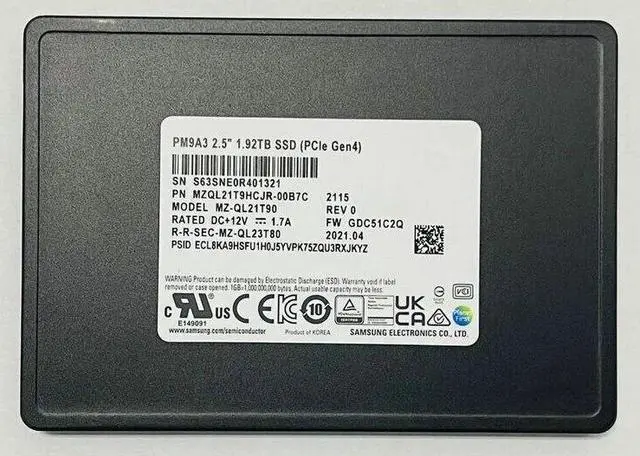 Main image of Samsung MZ-QL21T90 PM9A3 1.92TB PCI-E Gen4 x4 U.2 2.5Inch Ssd