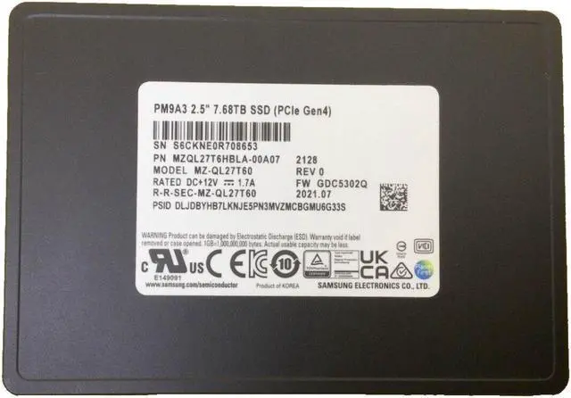 Main image of Samsung MZQL27T6HBLA-00A07 PM9A3 7.68Tb U.2 Gen4 x4/dual port x2 NVMe 2.5 Inch Datacenter SSD