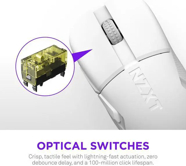 Alt view image 3 of 7 - NZXT Lift Elite Wireless Gaming Mouse - Ultra-Lightweight 57 g - 4K/8K Polling Rates, Optical Switches, 26K DPI Optical Sensor - Long Battery Life - Rubber Side Grips - 5 Programmable Buttons - White