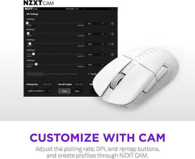 Alt view image 5 of 7 - NZXT Lift Elite Wireless Gaming Mouse - Ultra-Lightweight 57 g - 4K/8K Polling Rates, Optical Switches, 26K DPI Optical Sensor - Long Battery Life - Rubber Side Grips - 5 Programmable Buttons - White