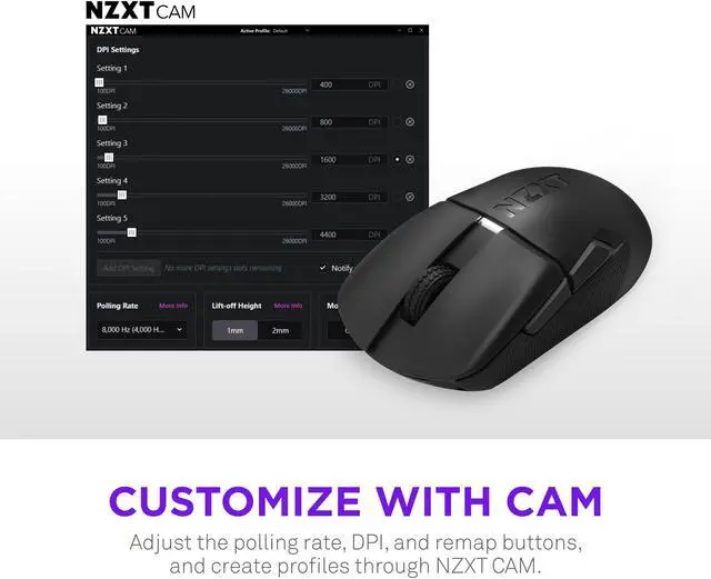 Alt view image 5 of 7 - NZXT Lift Elite Wireless Gaming Mouse - Ultra-Lightweight 57 g - 4K/8K Polling Rates, Optical Switches, 26K DPI Optical Sensor - Long Battery Life - Rubber Side Grips - 5 Programmable Buttons - Black