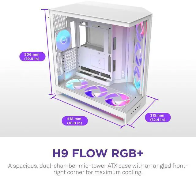 Main image of NZXT H9 Flow RGB+ (2025)  Large Dual-Chamber ATX Mid-Tower Airflow PC Case  Includes 7 RGB Fans (6 x 140mm, 1 x 120mm) & Control Hub  420mm Radiator Support  Back-Connect Ready  White
