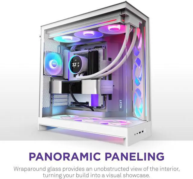 Alt view image 6 of 7 - NZXT H9 Flow RGB+ (2025)  Large Dual-Chamber ATX Mid-Tower Airflow PC Case  Includes 7 RGB Fans (6 x 140mm, 1 x 120mm) & Control Hub  420mm Radiator Support  Back-Connect Ready  White