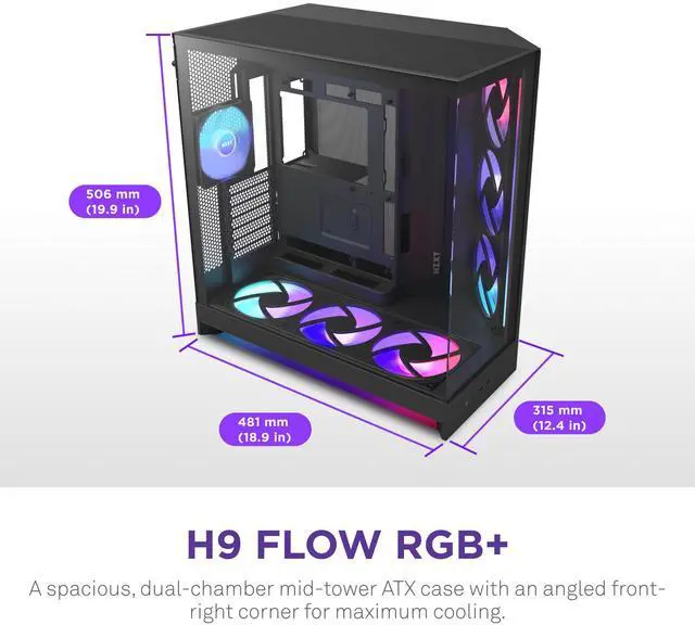 Main image of NZXT H9 Flow RGB+ (2025)  Large Dual-Chamber ATX Mid-Tower Airflow PC Case  Includes 7 RGB Fans (6 x 140mm, 1 x 120mm) & Control Hub  420mm Radiator Support  Back-Connect Ready  Black