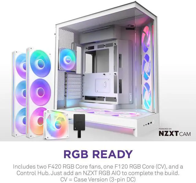 Alt view image 2 of 7 - NZXT H9 Flow RGB+ (2025)  Large Dual-Chamber ATX Mid-Tower Airflow PC Case  Includes 7 RGB Fans (6 x 140mm, 1 x 120mm) & Control Hub  420mm Radiator Support  Back-Connect Ready  White