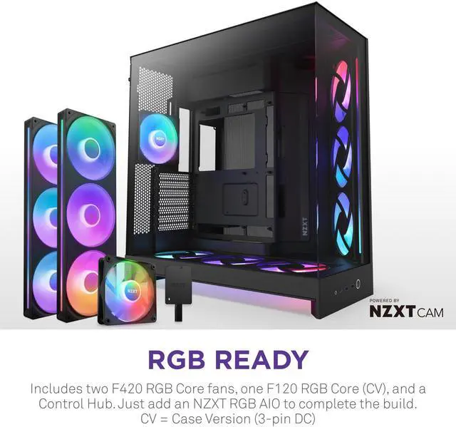 Alt view image 2 of 7 - NZXT H9 Flow RGB+ (2025)  Large Dual-Chamber ATX Mid-Tower Airflow PC Case  Includes 7 RGB Fans (6 x 140mm, 1 x 120mm) & Control Hub  420mm Radiator Support  Back-Connect Ready  Black