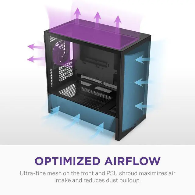 Alt view image 4 of 7 - NZXT H3 Flow  Micro-ATX PC Case  Optimized Airflow  Includes 1 x 120mm Rear Fan  Supports Full-Sized GPUs  Fits 280mm Front, 240mm Top Radiator   Back-Connect Motherboard  Black
