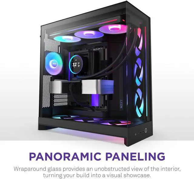 Alt view image 6 of 7 - NZXT H9 Flow RGB+ (2025)  Large Dual-Chamber ATX Mid-Tower Airflow PC Case  Includes 7 RGB Fans (6 x 140mm, 1 x 120mm) & Control Hub  420mm Radiator Support  Back-Connect Ready  Black