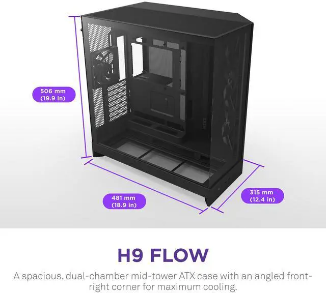 Main image of NZXT H9 Flow (2025)  Large Dual-Chamber ATX Mid-Tower Airflow PC Case  Includes 3 x 140mm & 1 x 120mm Fans  420mm Radiator Support  Tempered Glass  Back-Connect Ready  Black