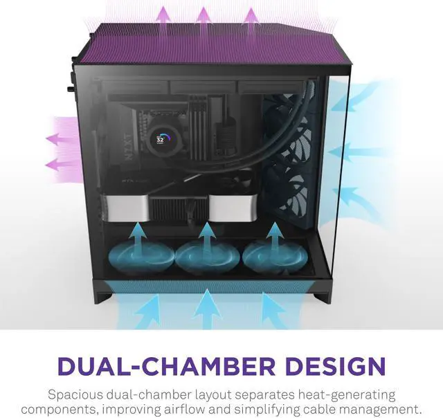 Alt view image 4 of 7 - NZXT H9 Flow (2025)  Large Dual-Chamber ATX Mid-Tower Airflow PC Case  Includes 3 x 140mm & 1 x 120mm Fans  420mm Radiator Support  Tempered Glass  Back-Connect Ready  Black