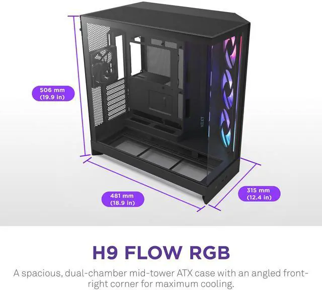 Main image of NZXT H9 Flow RGB (2025)  Large Dual-Chamber ATX Mid-Tower Airflow PC Case  Includes 1 x 420mm RGB Fan Unit & 1 x 120mm Fan  420mm Radiator Support  Tempered Glass  Back-Connect Ready  Black