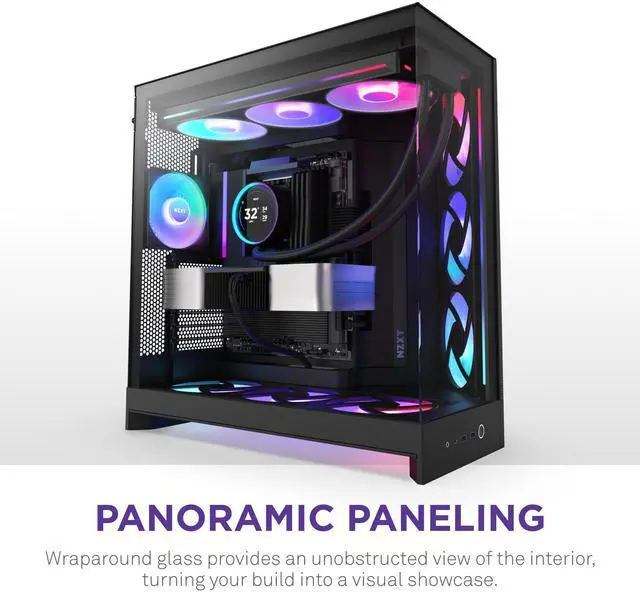 Alt view image 6 of 7 - NZXT H9 Flow RGB (2025)  Large Dual-Chamber ATX Mid-Tower Airflow PC Case  Includes 1 x 420mm RGB Fan Unit & 1 x 120mm Fan  420mm Radiator Support  Tempered Glass  Back-Connect Ready  Black