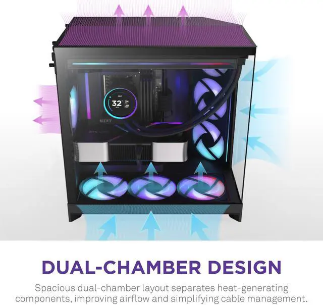 Alt view image 5 of 7 - NZXT H9 Flow RGB (2025)  Large Dual-Chamber ATX Mid-Tower Airflow PC Case  Includes 1 x 420mm RGB Fan Unit & 1 x 120mm Fan  420mm Radiator Support  Tempered Glass  Back-Connect Ready  Black