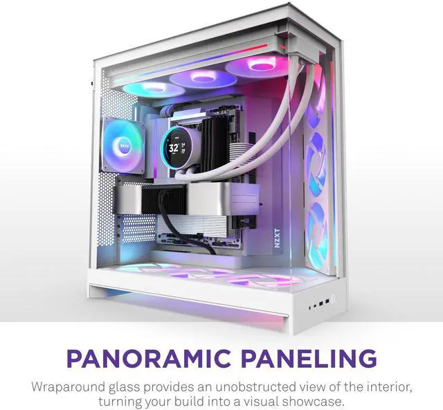 Alt view image 4 of 7 - NZXT H9 Flow RGB (2025)  Large Dual-Chamber ATX Mid-Tower Airflow PC Case  Includes 1 x 420mm RGB Fan Unit & 1 x 120mm Fan  420mm Radiator Support  Tempered Glass  Back-Connect Ready  White
