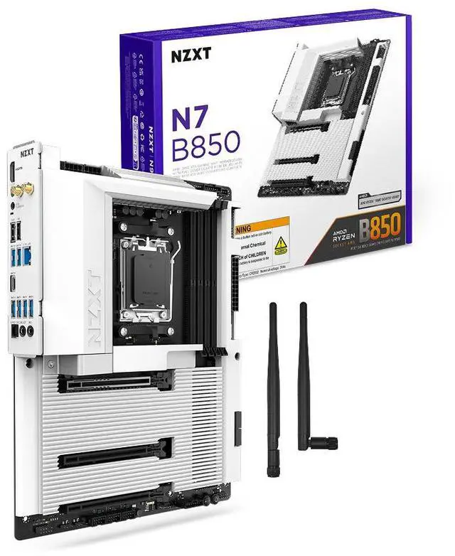 Main image of NZXT N7 B850 - AMD B850 AM5 ATX Gaming Motherboard for Ryzen 9000/8000/7000 - 16+2+1, DDR5, 3x M.2, PCIe 5.0, Wi-Fi 6E, 2.5GbE LAN - M.2 NVME with Quick-Release Latch - Full Cover - White