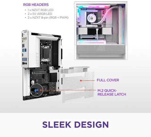 Alt view image 2 of 7 - NZXT N7 B850 - AMD B850 AM5 ATX Gaming Motherboard for Ryzen 9000/8000/7000 - 16+2+1, DDR5, 3x M.2, PCIe 5.0, Wi-Fi 6E, 2.5GbE LAN - M.2 NVME with Quick-Release Latch - Full Cover - White