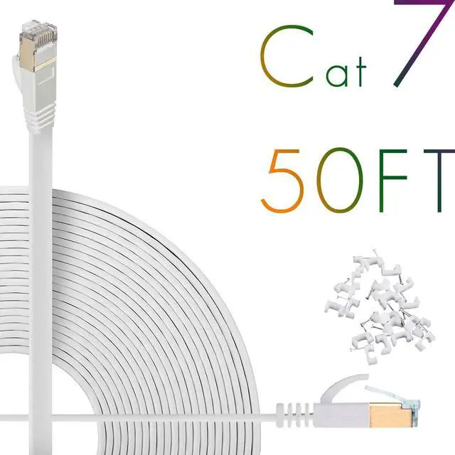 Main image of Cat7 Ethernet Cable 50ft Flat High Speed Shielded (STP) Solid Computer Network Cord with Snagless Rj45 Connectors Slim Durable Internet LAN Wire for Modem,Router.Faster Than Cat5e/Cat5/cat6 (White)