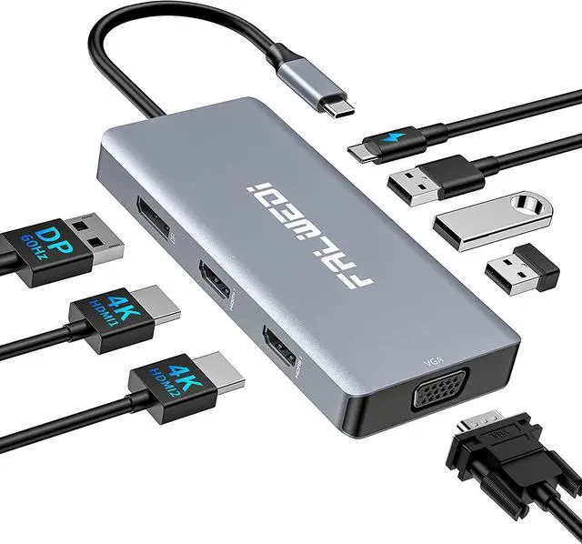 Main image of USB C to Dual HDMI Adapter, 8 in 1 Docking Station Dual Monitor, Hub Multiport Dongle with 2 HDMI, Displayport, VGA, 3 USB 2.0 Ports, PD (100 W), Compatible with MacBook/Dell/HP/Lenovo Laptops