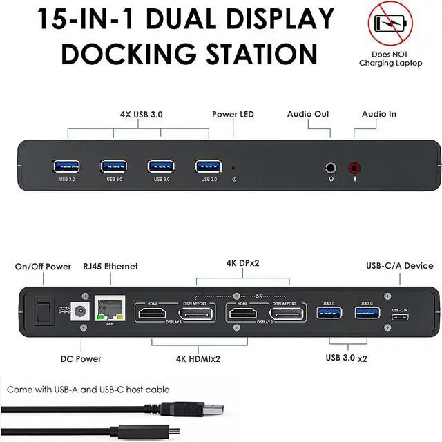 Alt view image 2 of 7 - WAVLINK USB 3.0 and USB-C Dual 4K Display Laptop Docking Station,5K/Dual 4K @60Hz Docking Staion Dual Monitor for Windows and Mac,(2 HDMI & 2 DP, Gigabit Ethernet, 6 USB 3.0,Audio)