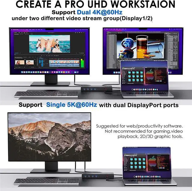 Alt view image 3 of 7 - WAVLINK USB 3.0 and USB-C Dual 4K Display Laptop Docking Station,5K/Dual 4K @60Hz Docking Staion Dual Monitor for Windows and Mac,(2 HDMI & 2 DP, Gigabit Ethernet, 6 USB 3.0,Audio)
