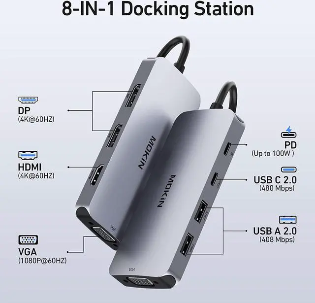Alt view image 2 of 6 - USB C Docking Station Dual DisplayPort, 8 in 1 USB C Hub with 2 DP, HDMI, VGA, USB C 2.0, 2 USB A 2.0, PD Charging Port, Multi Monitor Adapter for Dell/HP/Lenovo Laptops