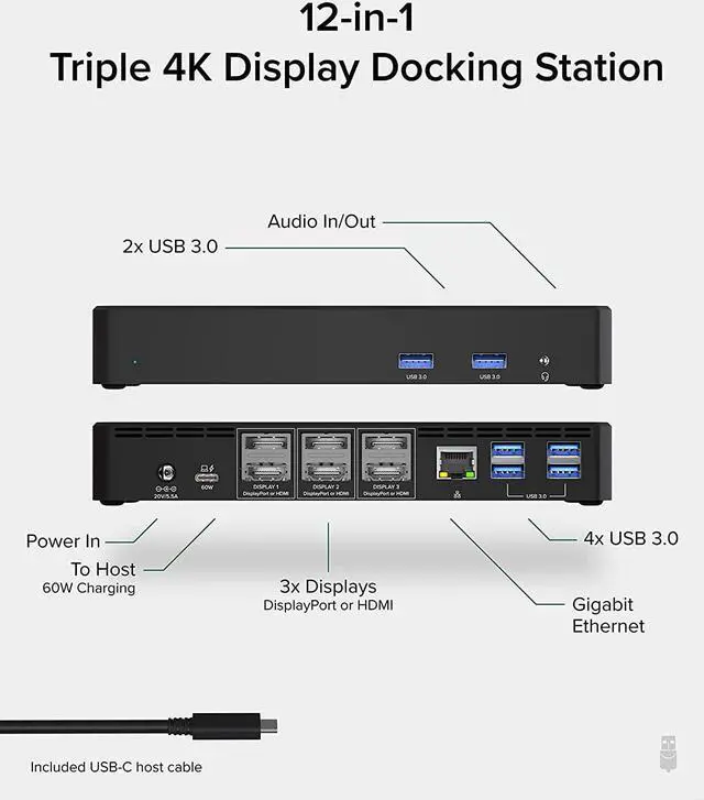 Alt view image 2 of 6 - Plugable 12-in-1 USB C Docking Station Triple Monitor, 4K Displays with 3X HDMI or 3X DisplayPort, Compatible with Mac, Windows, Thunderbolt 3 & 4, USB4, (60W PD, 6X USB Ports, Ethernet)