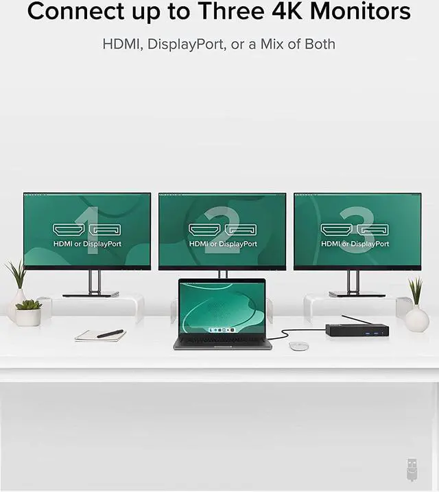 Alt view image 3 of 7 - Plugable 12-in-1 USB C Triple Monitor Docking Station, Triple 4K Displays with 3X HDMI or 3X DisplayPort, Compatible with Mac, Windows, Thunderbolt, USB4, USB-C (100W PD, 6X USB Ports, Ethernet)