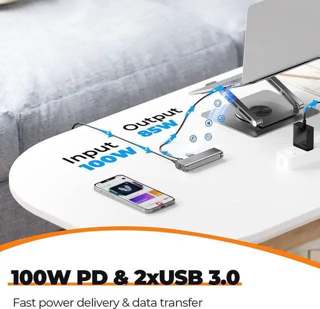 Alt view image 3 of 7 - USB C Laptop Docking Station Stand for MacBook Pro/Air//HP/Surface/, Detachable USB C Hub, 4K HDMI, 2 USB 3.0, RJ45, PD 3.0, Universal Laptop Dock with 360 Rotating Base Grey