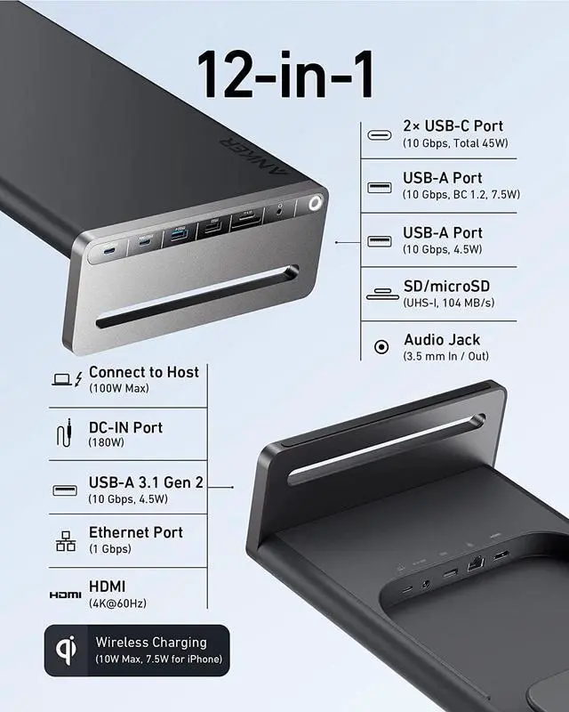 Alt view image 2 of 6 - Anker 675 USB-C Docking Station (12-in-1, Monitor Stand, Wireless) with 10Gbps USB-C Ports, 4K@60Hz HDMI Display, Wireless Charging Pad, for Lenovo ThinkPad, MacBook Pro M1 / M2 and More USB-C Devices