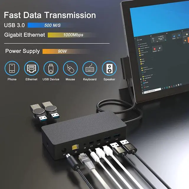 Alt view image 6 of 7 - Surface Pro Docking Station,90W Power Supply,4k HD,USB 3.0 x 4, Gigabit Ethernet, Mini DP x 2, 3.5mm Audio,Compatible with Surface Pro 7/X/6/4/3/2017, Laptop 5/4/3/2, Laptop go,Book 2/1,Surface Go 2/1