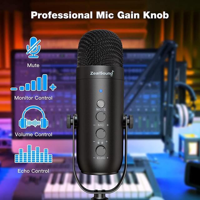 Alt view image 5 of 7 - ZealSound Gaming Microphone Kit,Podcast Condenser USB Mic with Boom Arm,Supercardioid Microphone with Mute Button,Echo Volume Gain Knob,Adjust Monitor for Phone PC Computer (Black)