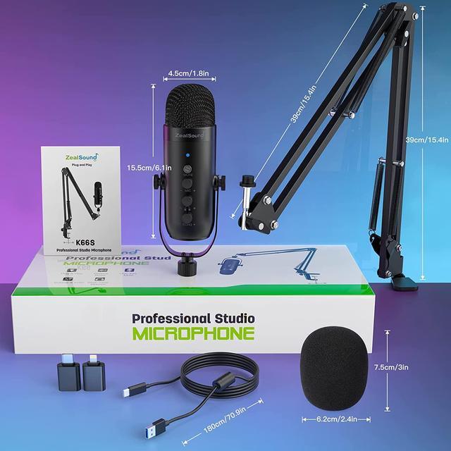 Alt view image 7 of 7 - ZealSound Gaming Microphone Kit,Podcast Condenser USB Mic with Boom Arm,Supercardioid Microphone with Mute Button,Echo Volume Gain Knob,Adjust Monitor for Phone PC Computer (Black)