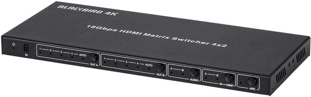 Main image of Monoprice Blackbird 4K HDMI Matrix 4x2 HDR 18G 4K@60Hz YCbCr 4:4:4 EDID Coaxial Audio Powered Switch Control Remote (139667)