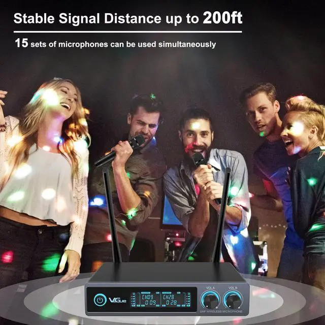 Alt view image 4 of 7 - VeGue Wireless Microphone System, Metal Professional UHF Dual Handheld Microphone Cordless Dynamic Mic Set for Home Karaoke, Party, Singing, Meeting, Church, Wedding, DJ, 200ft(VW-022)